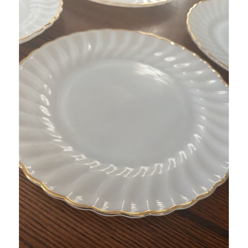 4 Vtg Fire King 9" Dinner Plates White Swirl Gold Trim Anchor Hocking Milk Glass